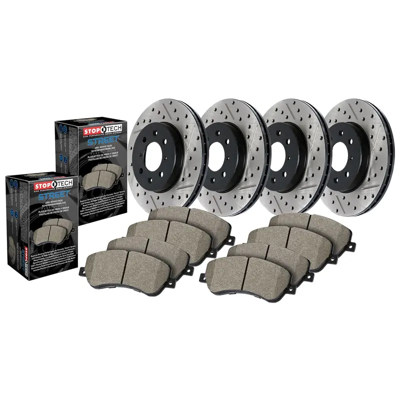 Stoptech 935.33062 Street Axle Pack – Drilled & Slotted Rotors With Brake Pads (4-Wheel Kit) 1