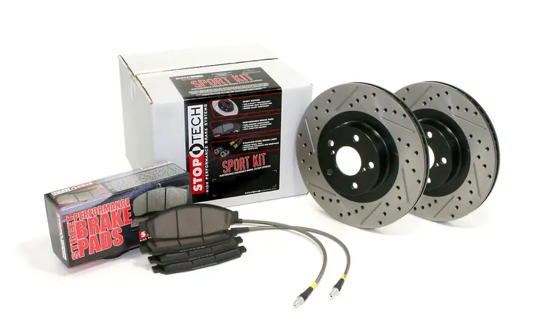 Stoptech 978.34028F Sport Front Brake Kit – Slotted & Drilled Rotors With Stainless Brake Lines 1