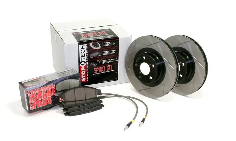 Stoptech Sport Rear Brake Kit – Slotted Rotors With Pre-Bled Stainless Steel Brake Lines 1